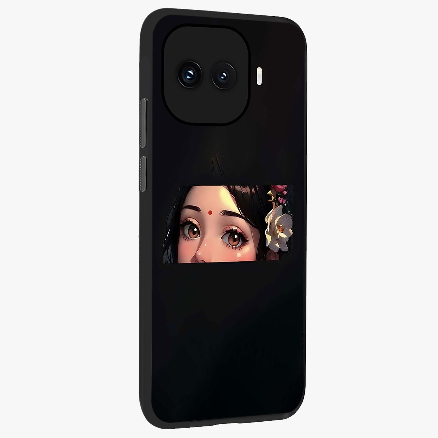 Radha Divine Embrace Glass Case upright view showcasing sacred Radha themed artwork with peaceful devotional style.