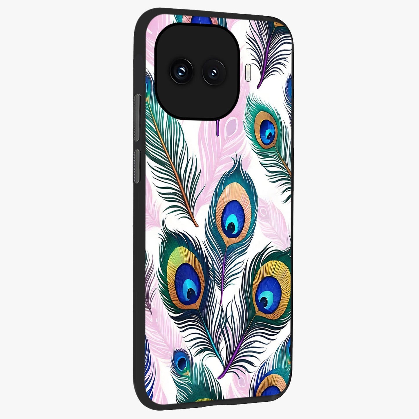 Royal Peacock Feathers Glass Case upright view showcasing elegant peacock feather artwork with decorative royal theme.