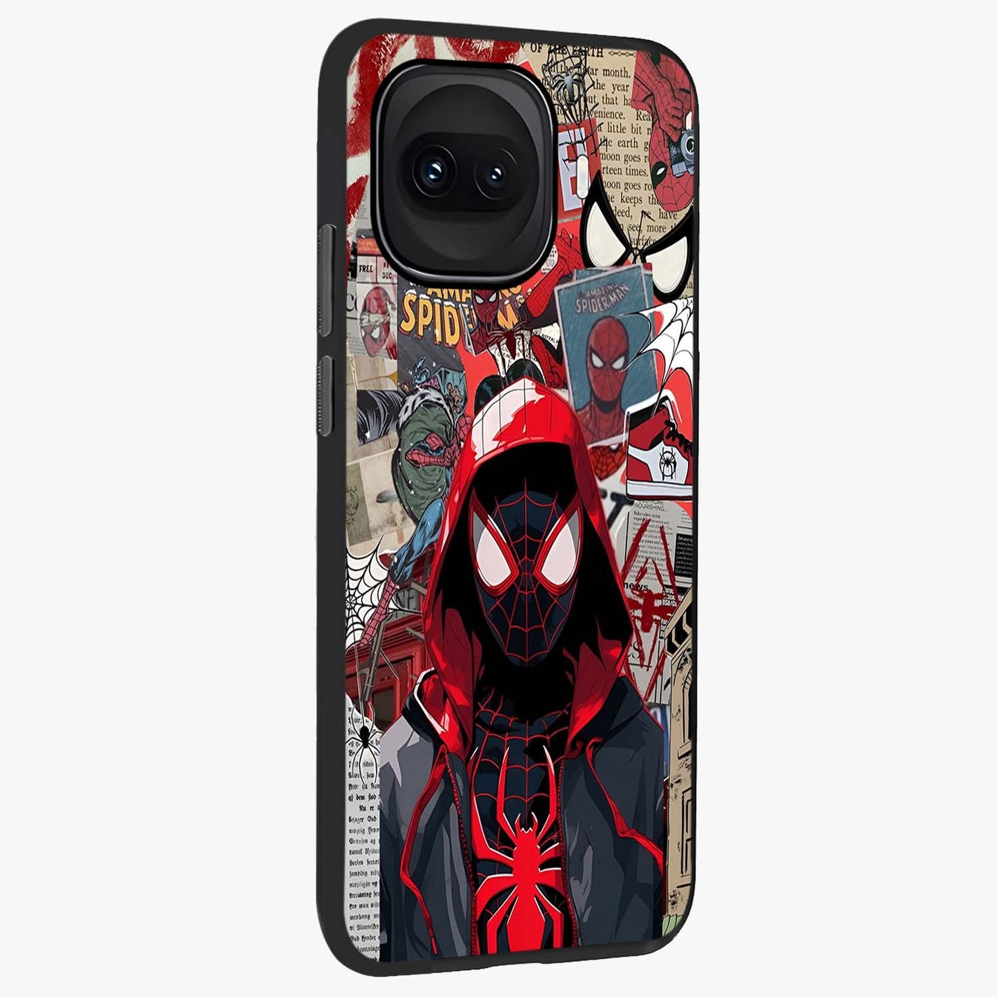 Spider Collage Street Glass Case upright view showcasing bold superhero artwork with urban street theme.