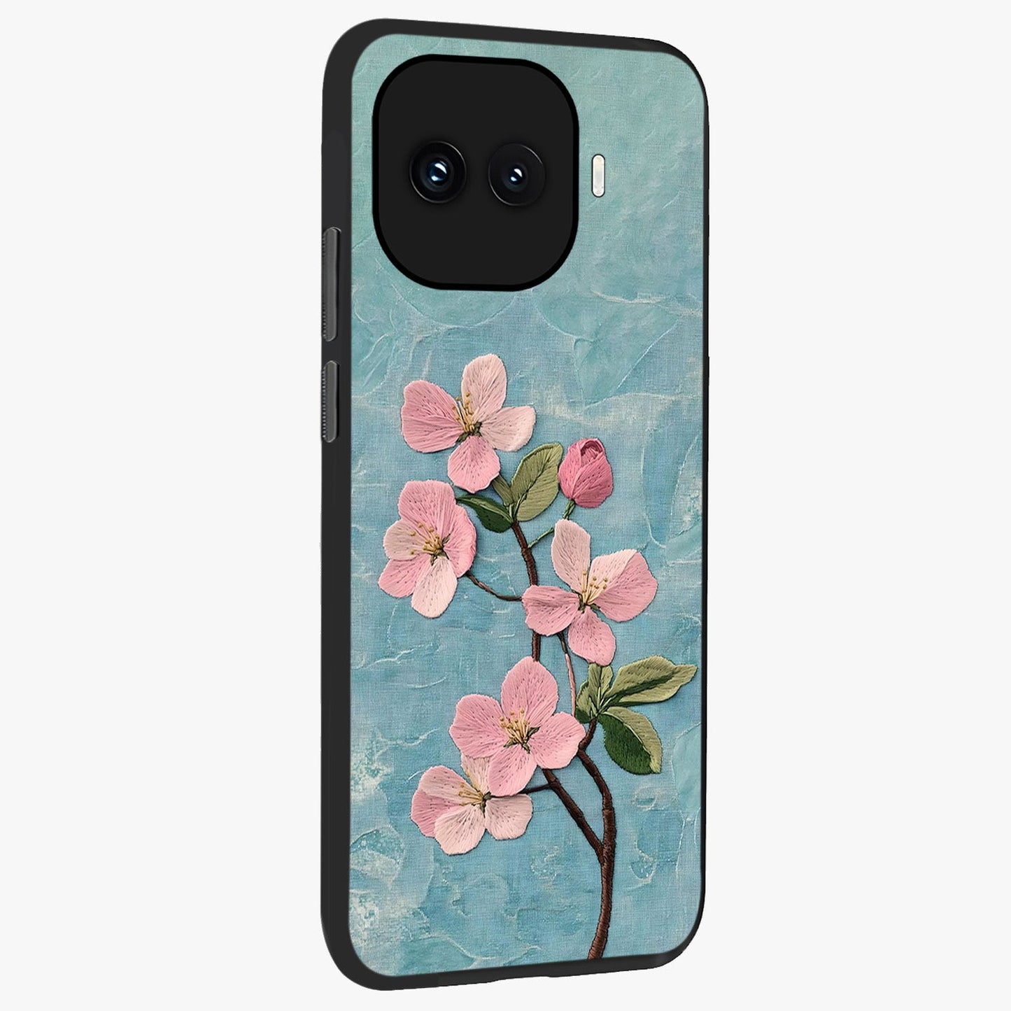 Threaded Blossom Breeze Glass Case upright view showcasing graceful flower artwork with calm botanical theme.