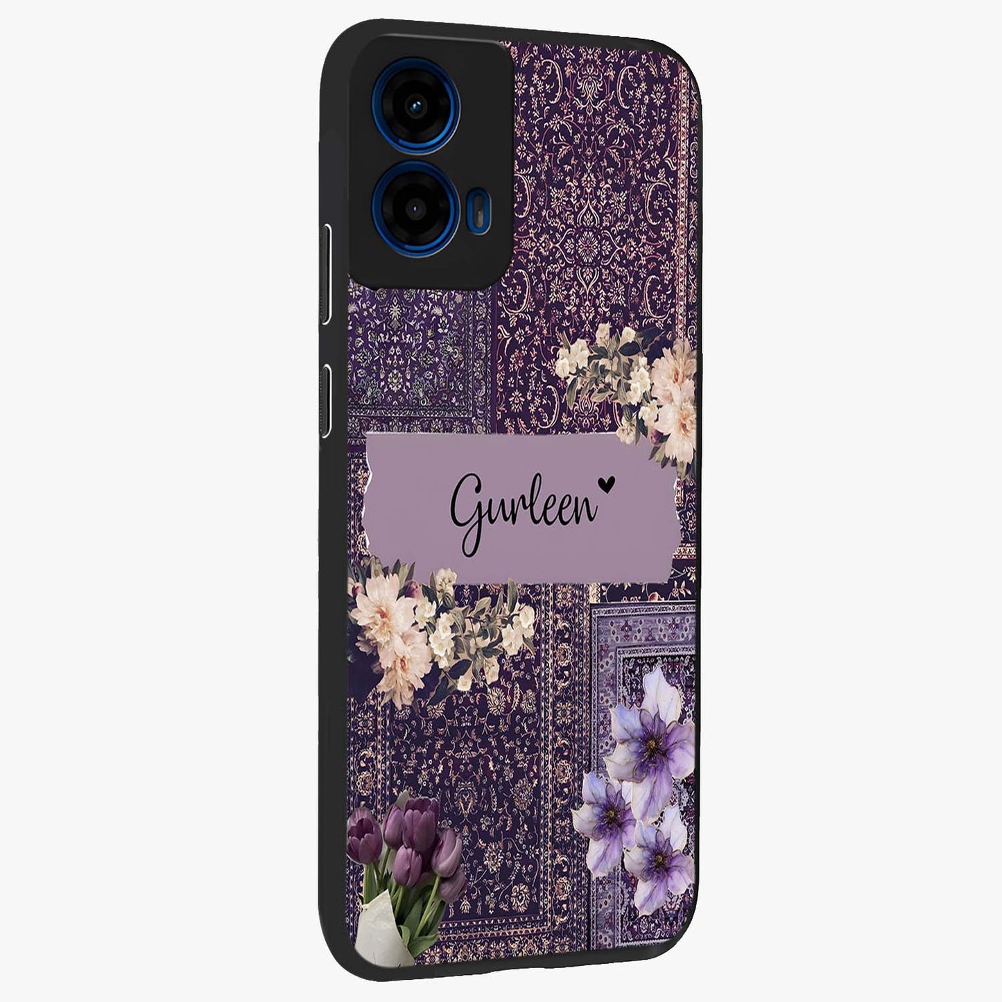 Antique Floral Whisper Custom Name Glass Case upright view showcasing delicate floral artwork with custom name feature.