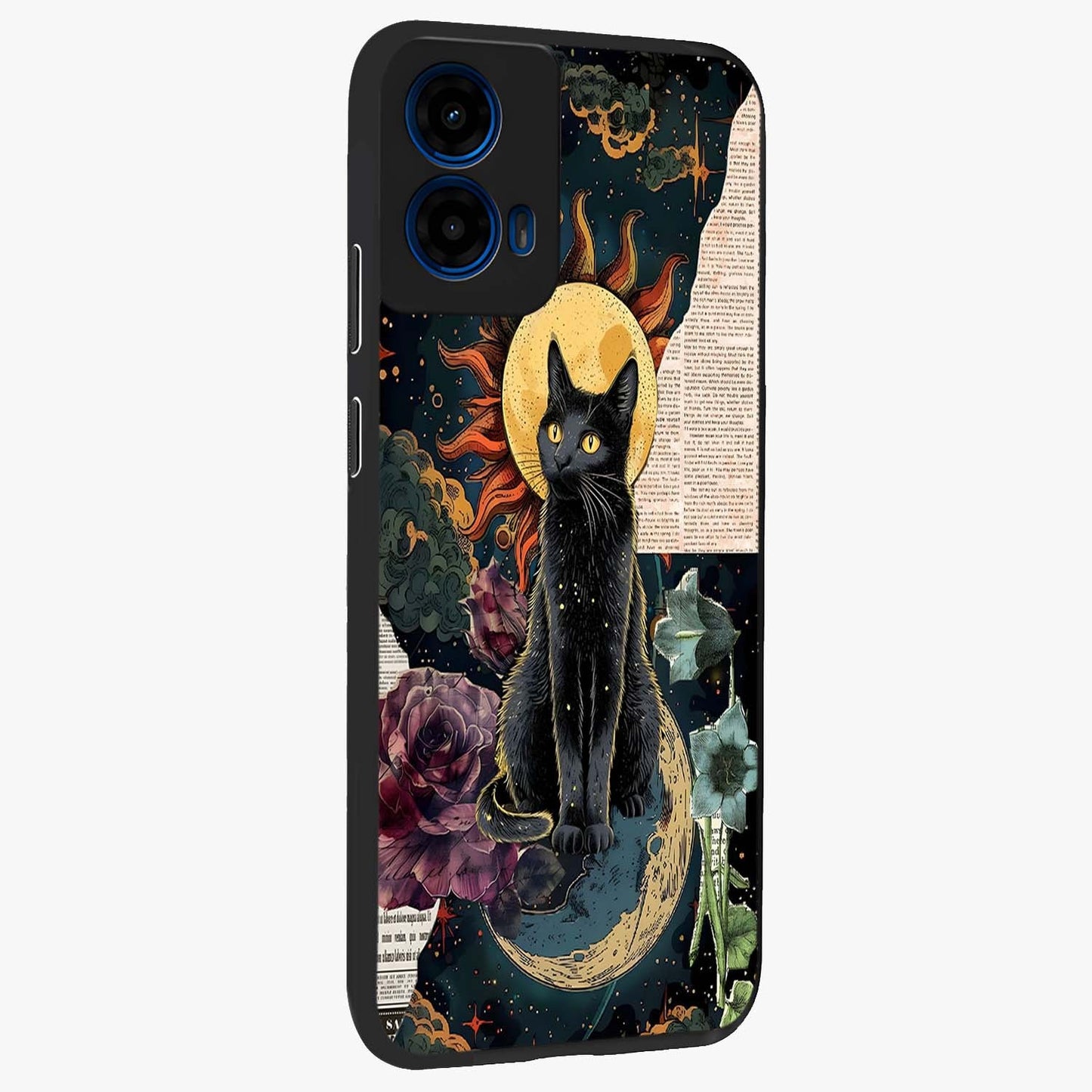 Celestial Black Cat Glass Case upright view showcasing magical black cat illustration with starry cosmic theme.