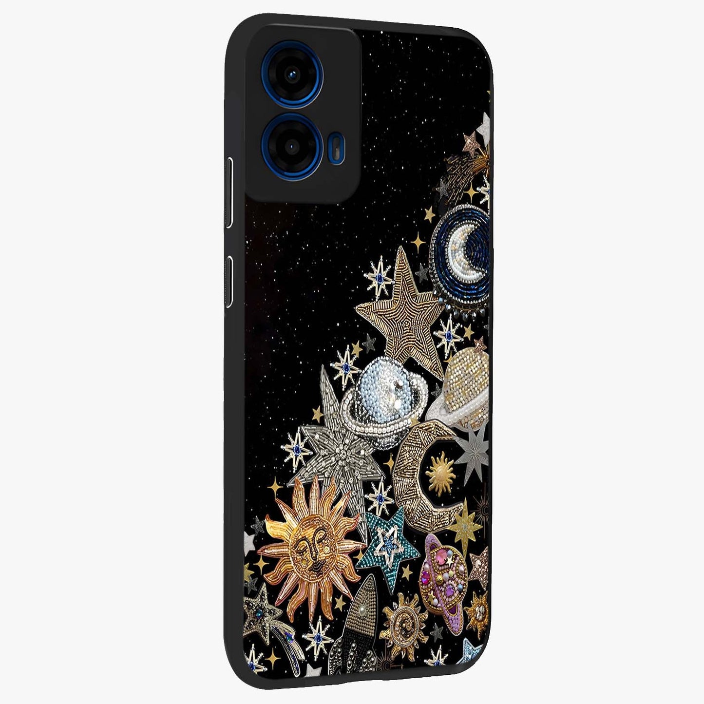 Cosmic Sparkle Dreams Glass Case upright view showcasing glowing cosmic artwork with magical galaxy theme.