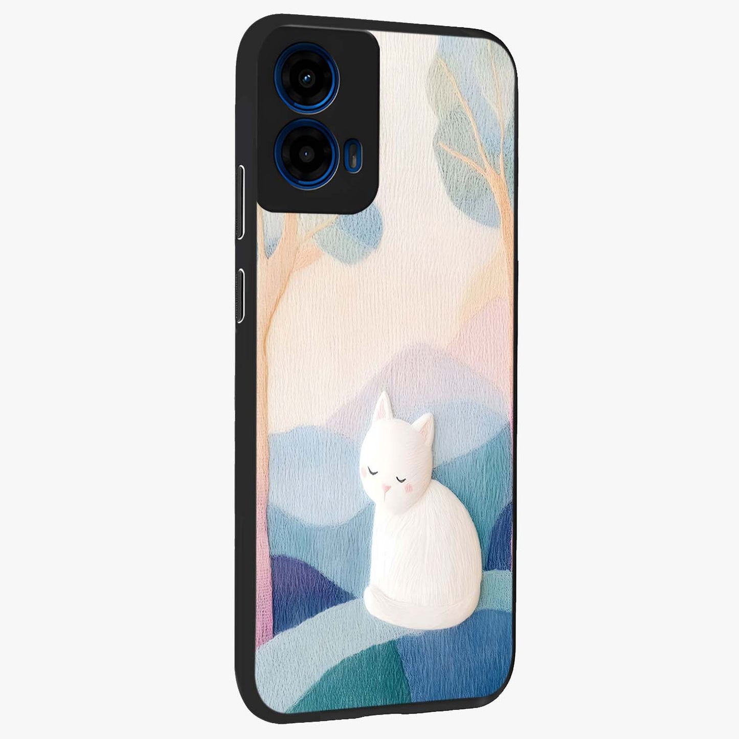 Cotton Dream Cat Glass Case upright view showcasing charming cat artwork with cozy dreamy theme.