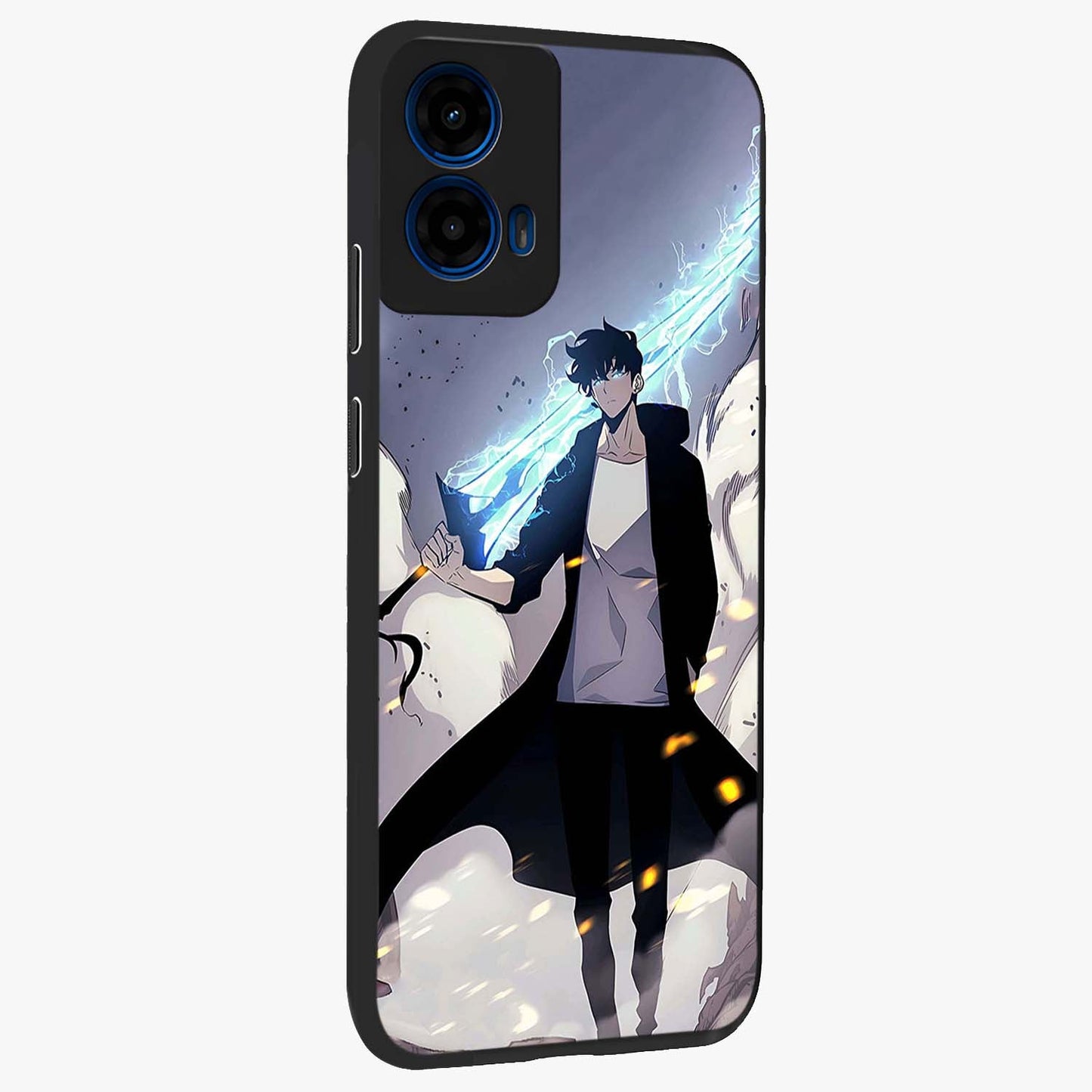 Dark Lightning Anime Warrior Glass Case upright view showcasing dramatic warrior artwork with dark lightning aesthetic.
