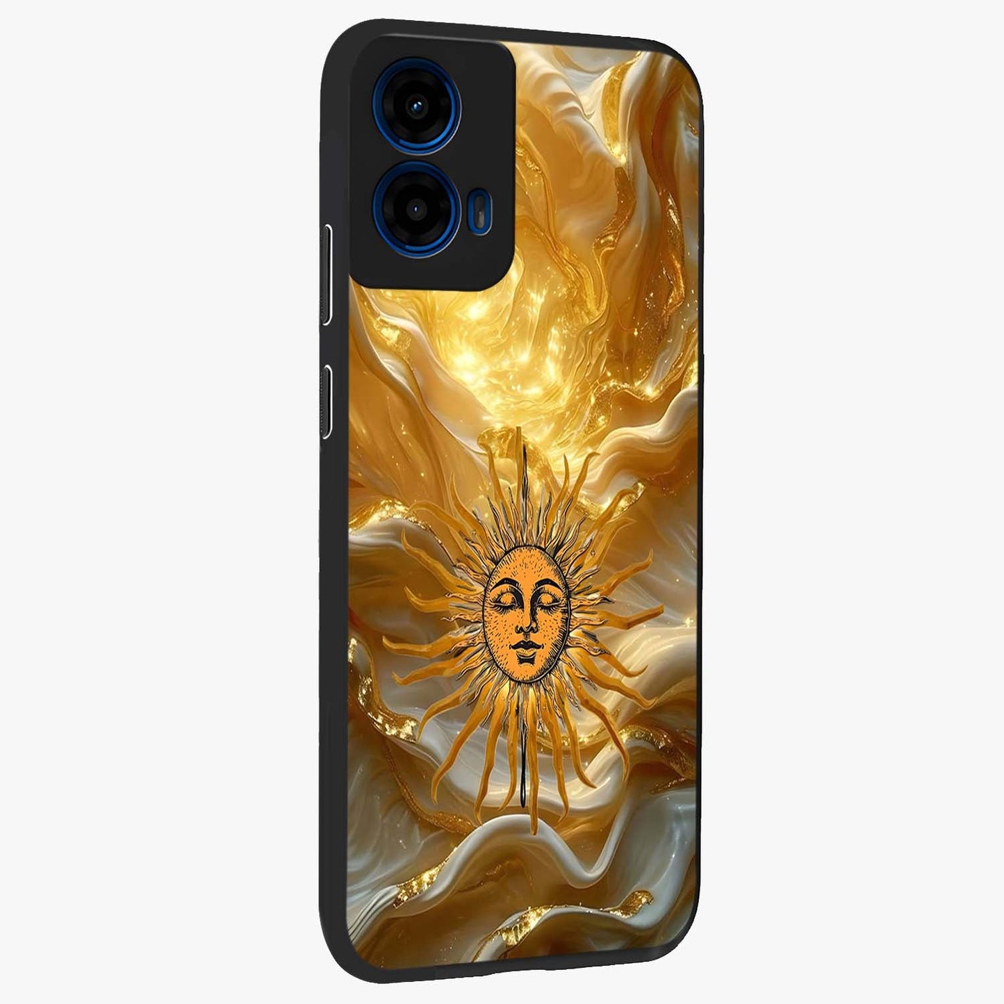 Eternal Golden Glow Glass Case upright view showcasing luminous golden artwork with luxurious visual theme.
