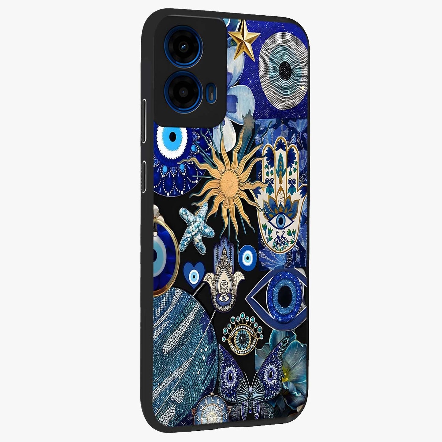 Evil Eye Charm Mix Glass Case upright view showcasing mystical evil eye pattern with vibrant decorative style.