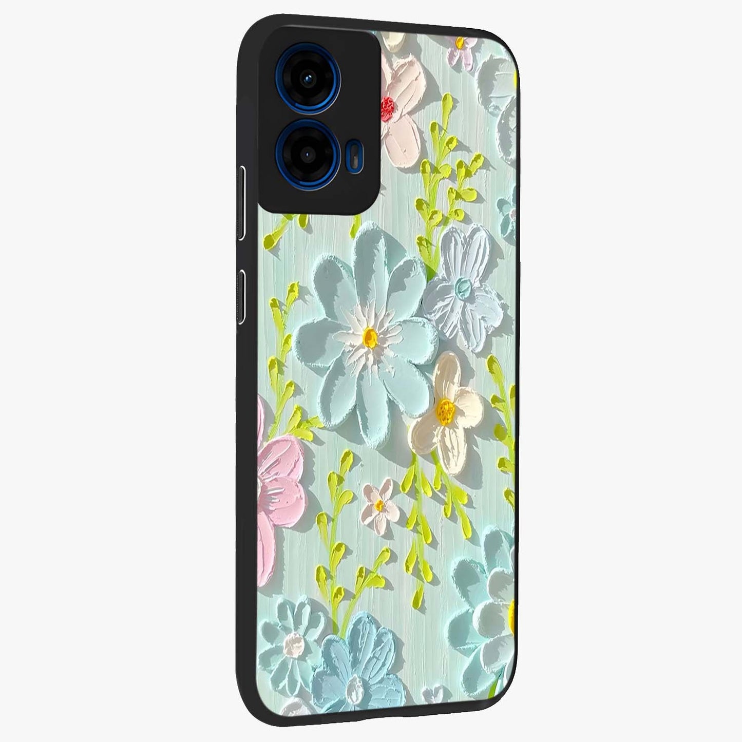 Frosted Petal Garden Glass Case upright view showcasing elegant floral garden artwork with soothing pastel theme.