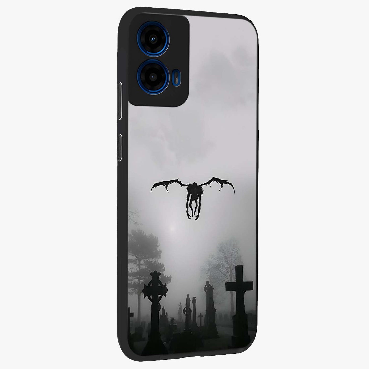 Graveyard Shadow Descent Glass Case upright view showcasing haunting graveyard artwork with dramatic dark theme.