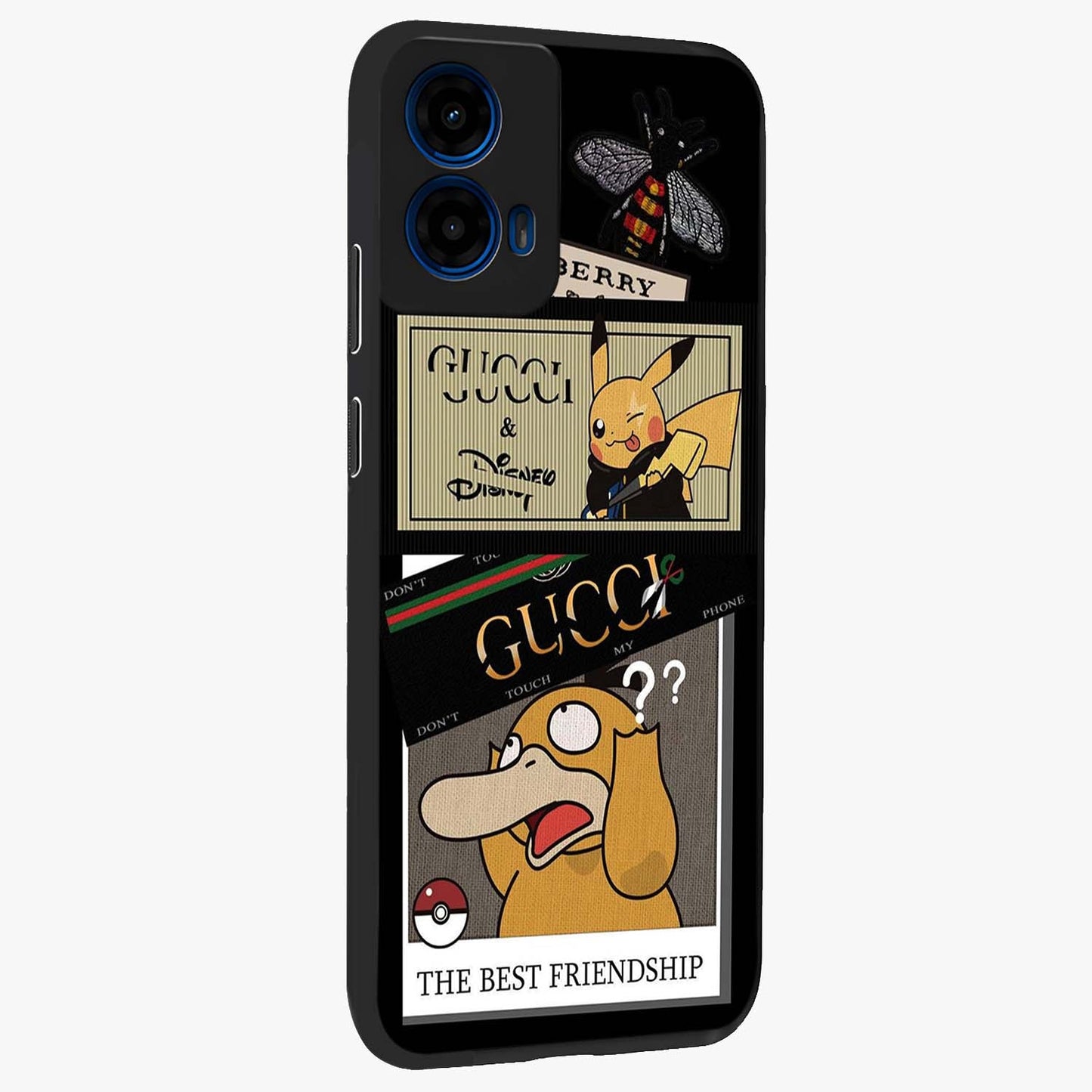 Gucci Play Mashup Glass Case upright view showcasing trendy luxury inspired artwork with modern fashion theme.