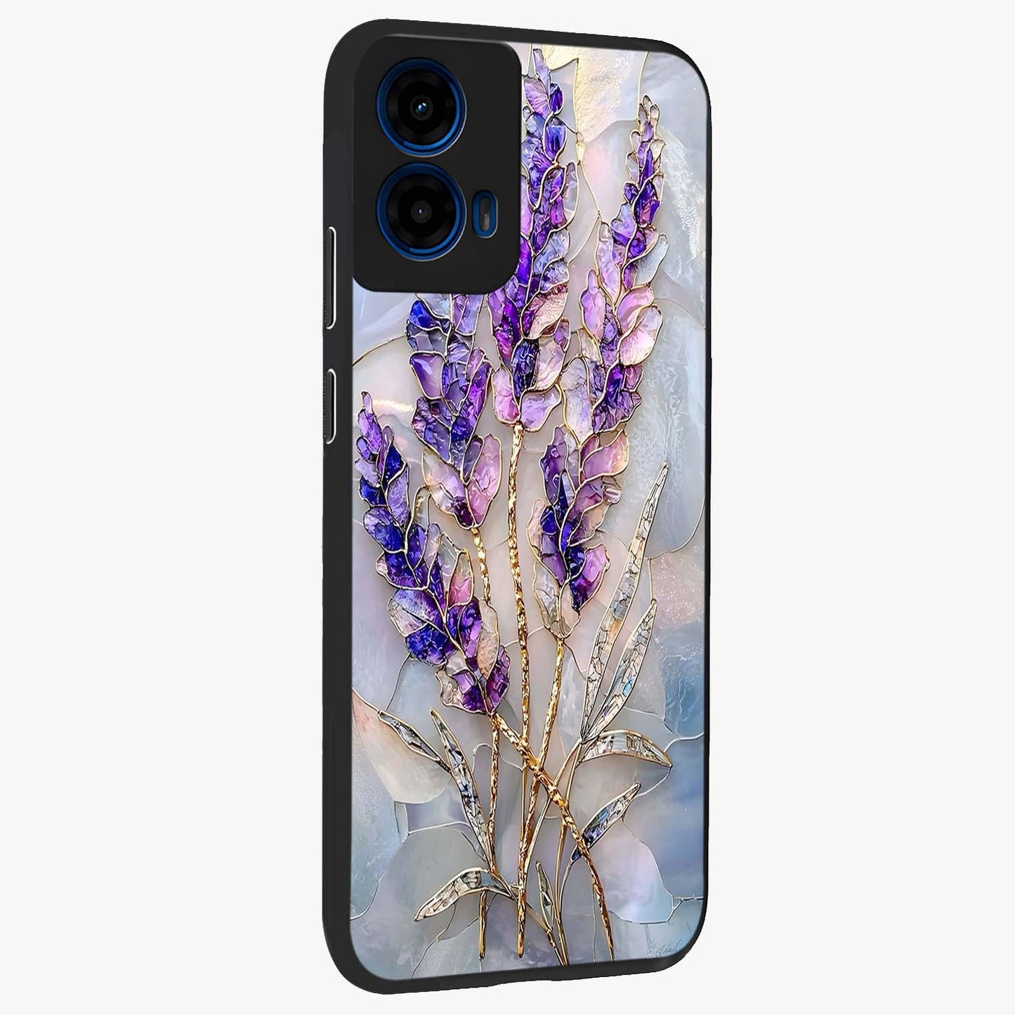 Lavender Dream Glow Glass Case upright view showcasing radiant lavender glow artwork with calming dreamy theme.