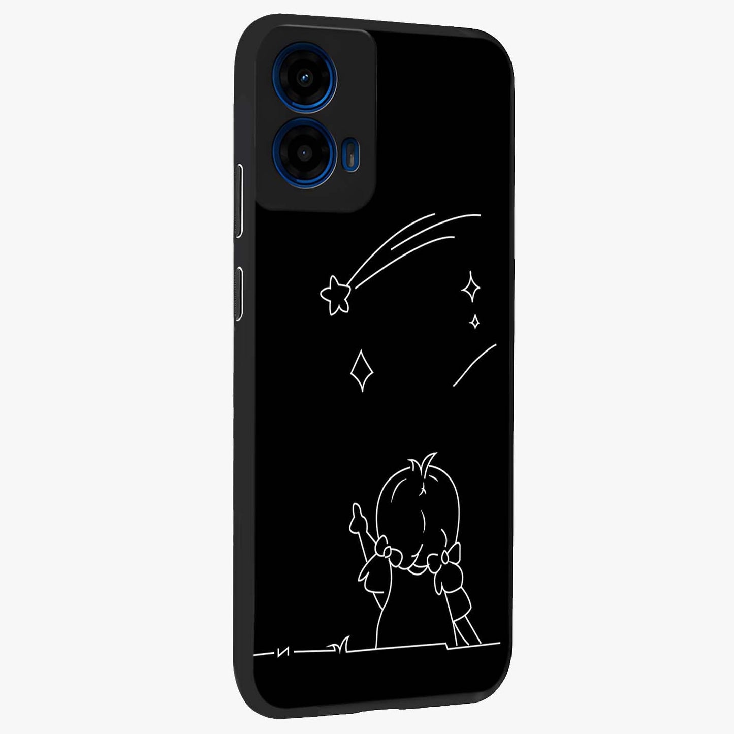 Line Art Girl With Shooting Stars Glass Case upright view showcasing delicate shooting stars artwork with minimal artistic theme.