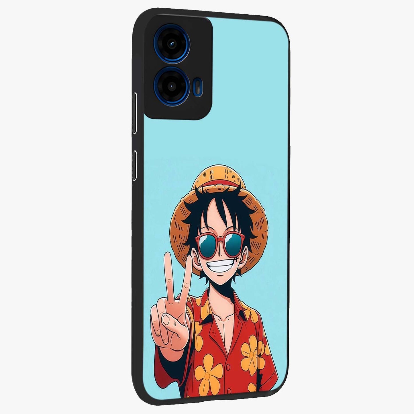 Luffy Summer Anime Vibe Glass Case upright view showcasing dynamic anime artwork with bright adventurous theme.