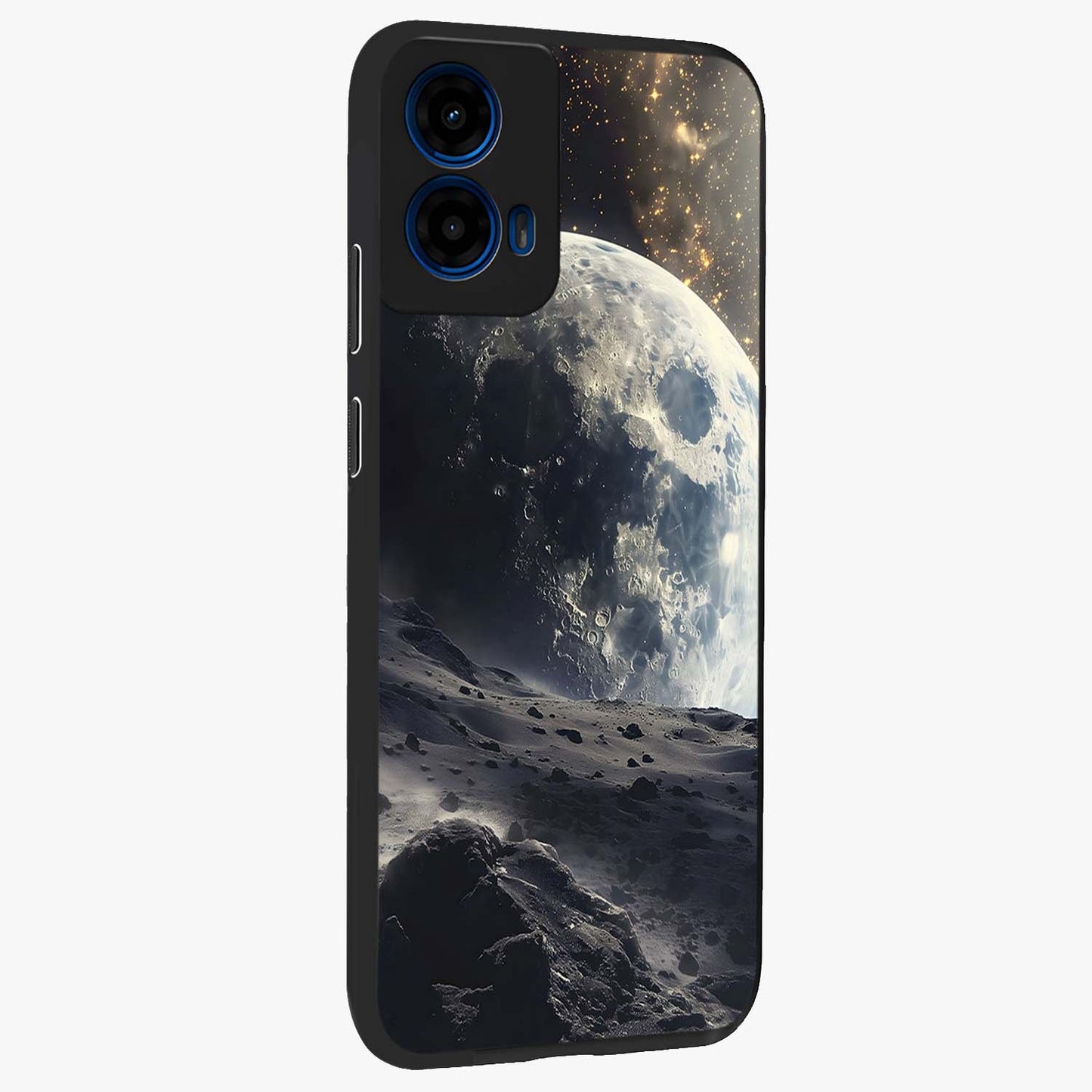 Lunar Horizon Glow Glass Case upright view showcasing radiant lunar artwork with calm cosmic theme.