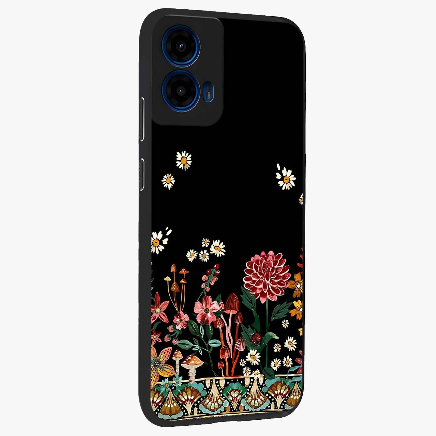 Midnight Bloom Pattern Glass Case upright view showcasing decorative floral artwork with deep night themed palette.