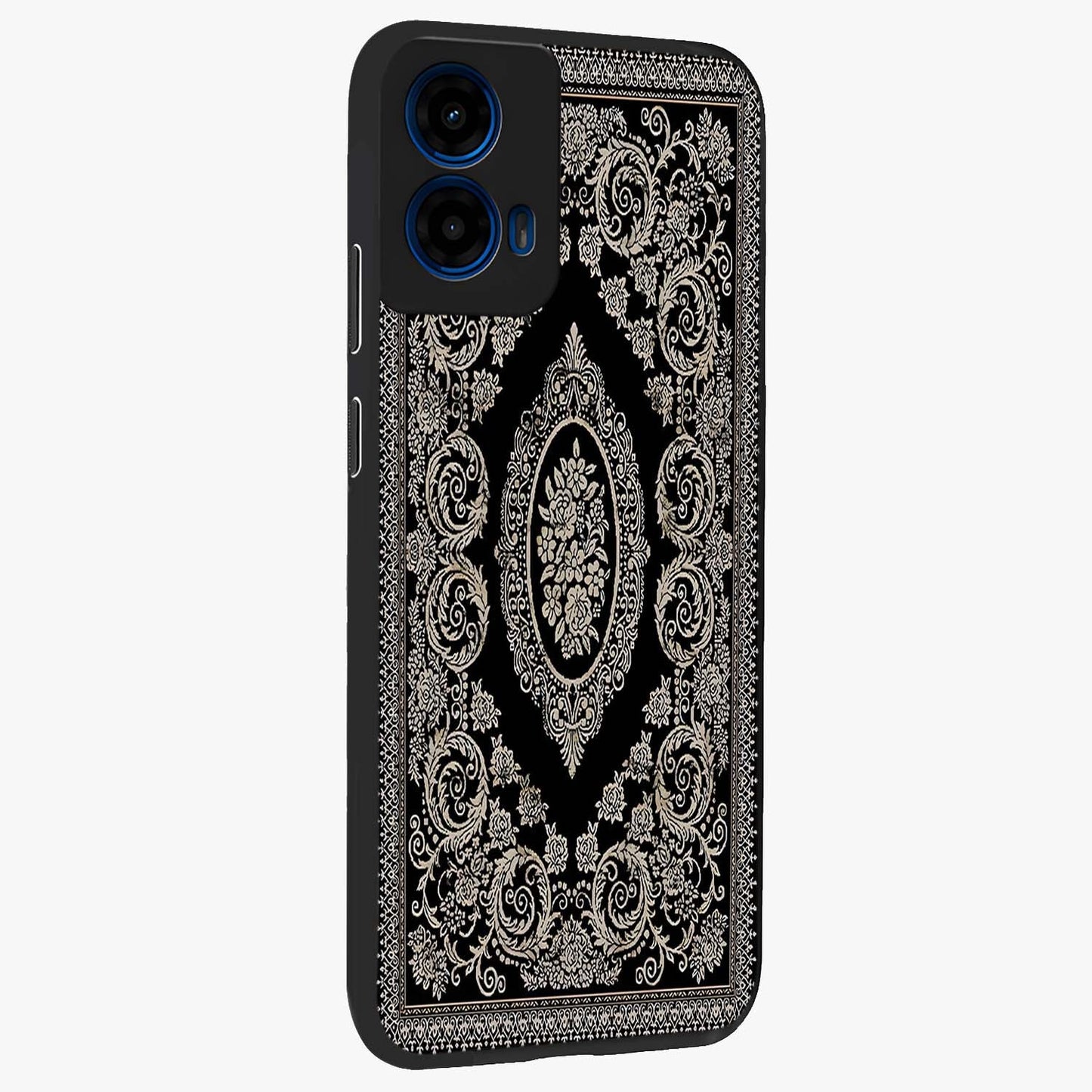 Noir Bloom Elegance Glass Case upright view showcasing graceful floral artwork with luxurious dark theme.