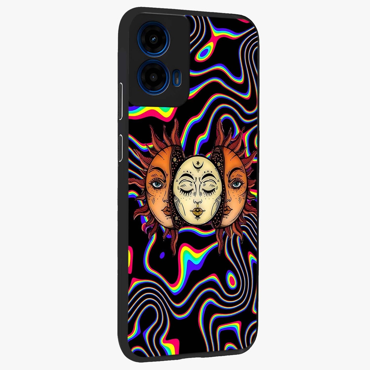 Psychedelic Sun Glass Case upright view showcasing trippy sun artwork with bold psychedelic theme.