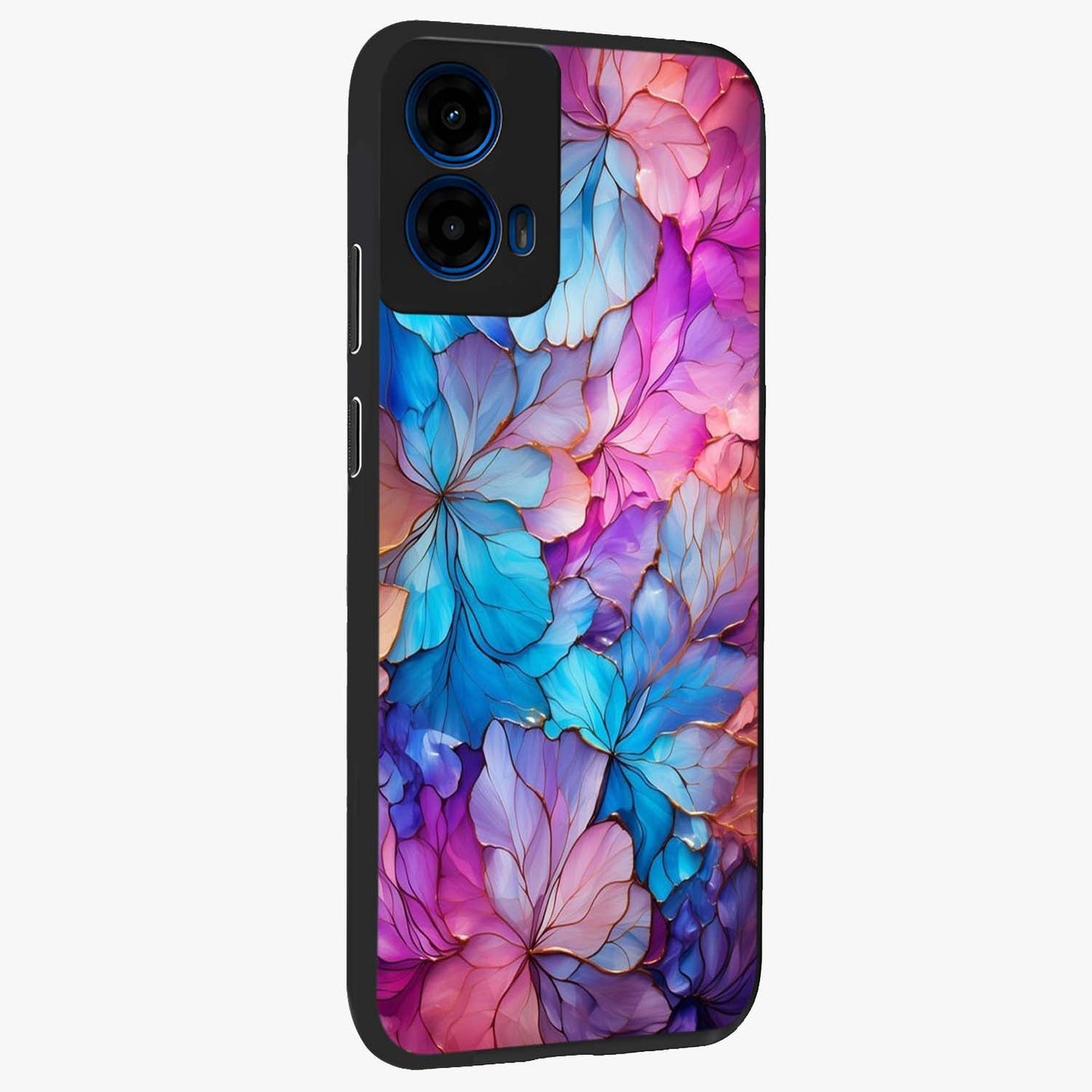 Radiant Floral Whirl Glass Case upright view showcasing lively floral artwork with decorative swirl theme.