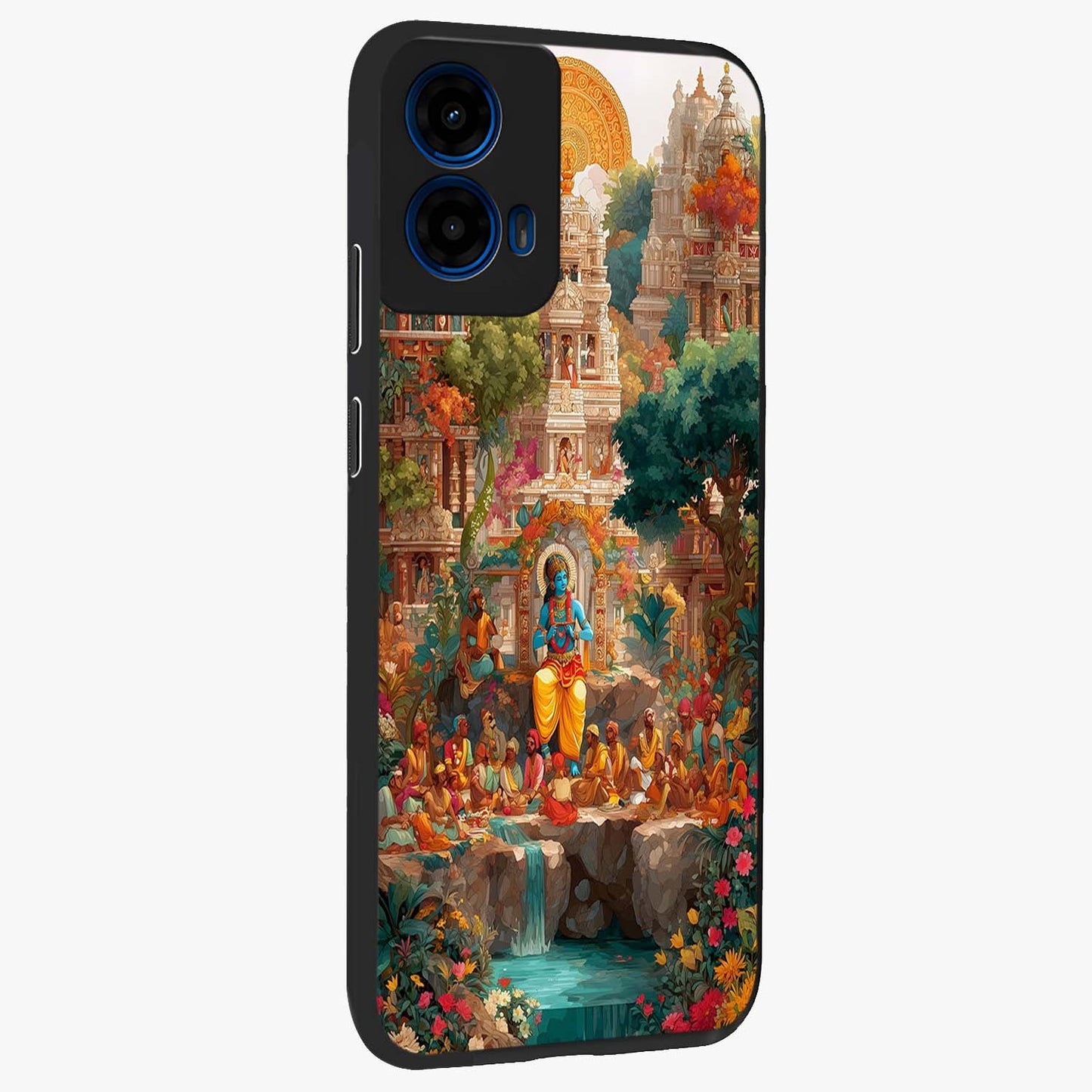 Sacred Sunlight Gods Glass Case upright view showcasing glowing divine artwork with sacred mythological theme.