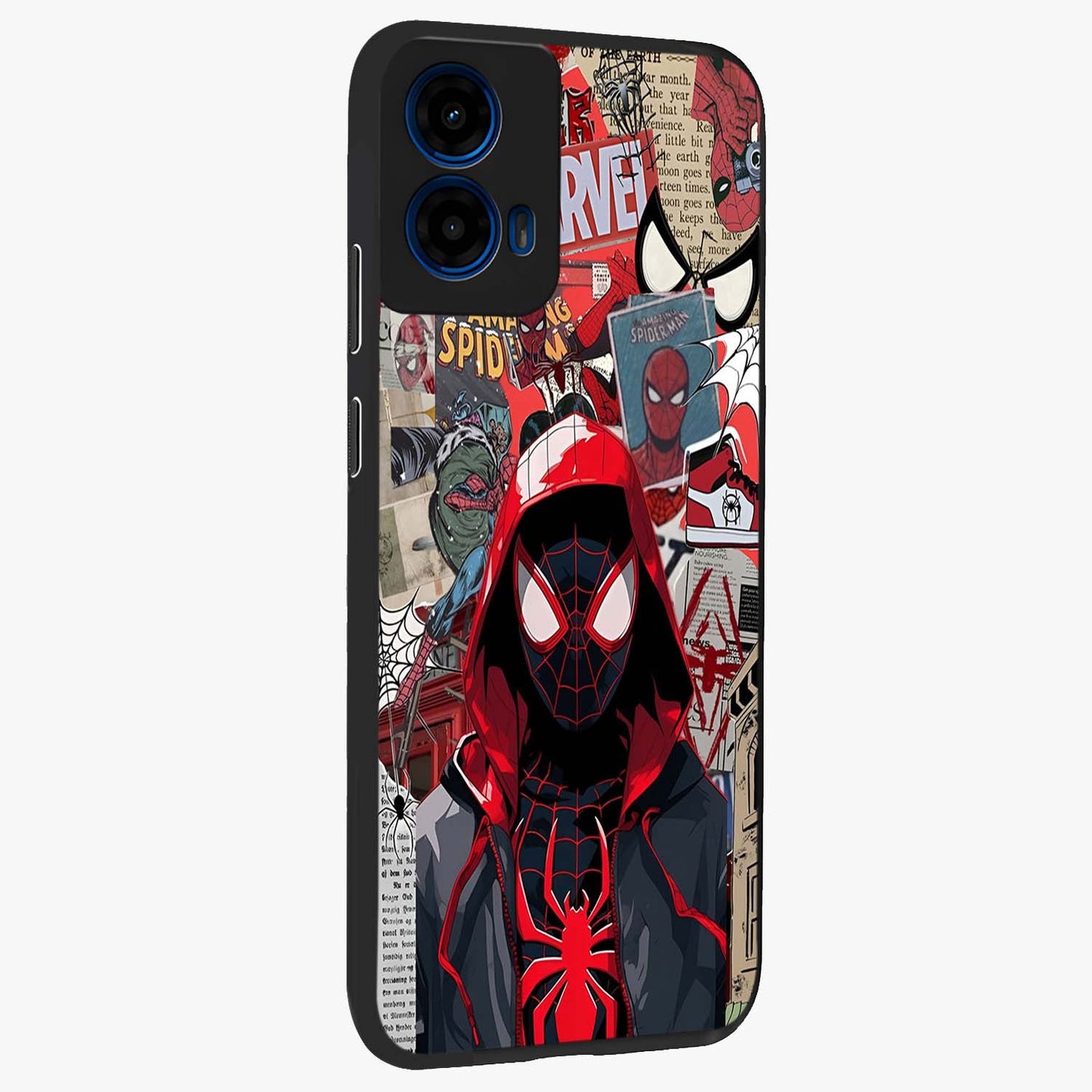 Spider Collage Street Glass Case upright view showcasing bold superhero artwork with urban street theme.