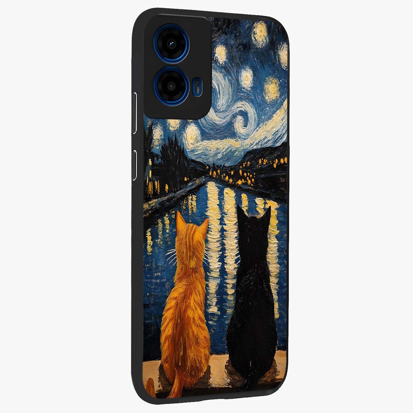 Starry River Cats Glass Case upright view showcasing adorable cat artwork with magical river and stars theme.