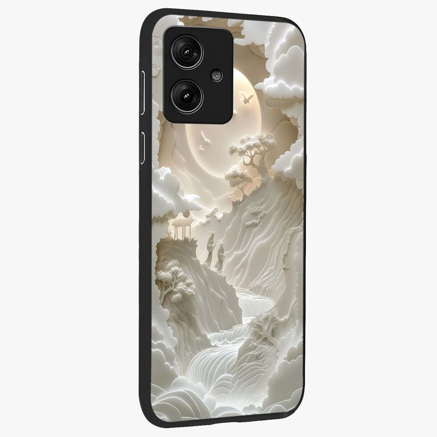 Celestial Origami Glass Case upright view showcasing creative origami artwork with modern celestial style.