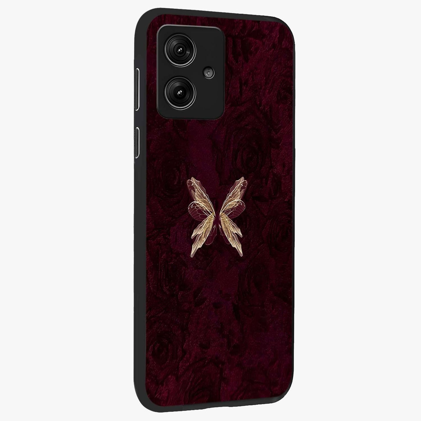 Crimson Fade Butterfly Glass Case upright view showcasing graceful butterfly artwork with soft crimson fade effect.