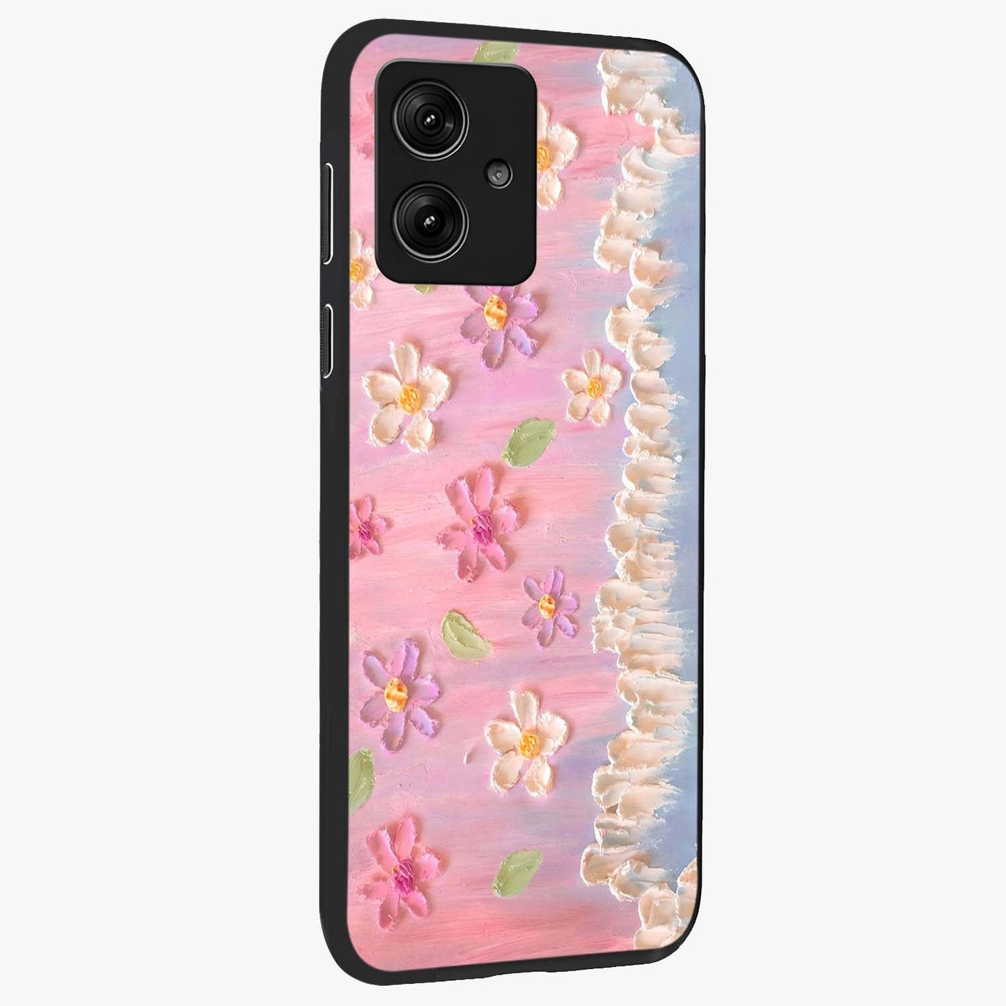 Dreamy Painted Garden Glass Case upright view showcasing vibrant floral garden artwork with artistic nature theme.