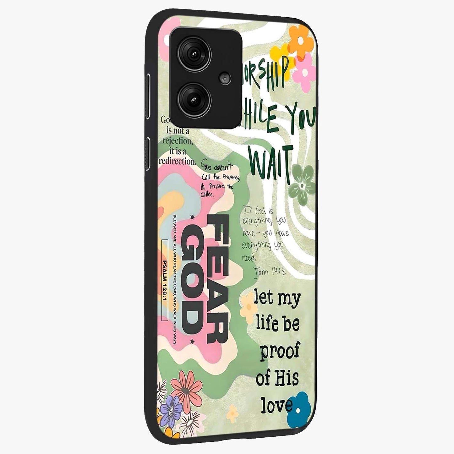 Faith Over Fear Glass Case upright view showcasing bold typography artwork with uplifting motivational theme.
