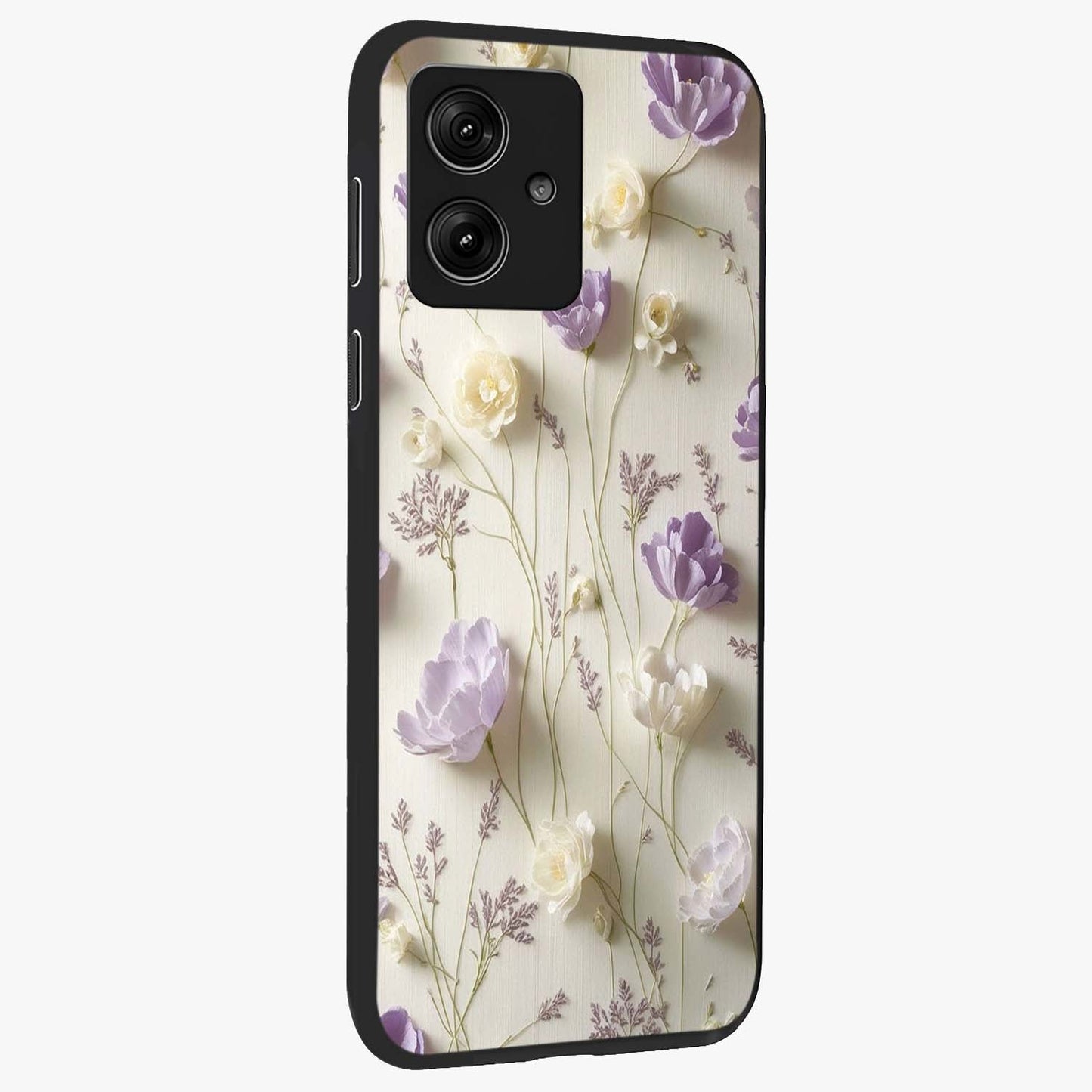 Lilac Breeze Harmony Glass Case upright view showcasing delicate lilac artwork with peaceful floral theme.