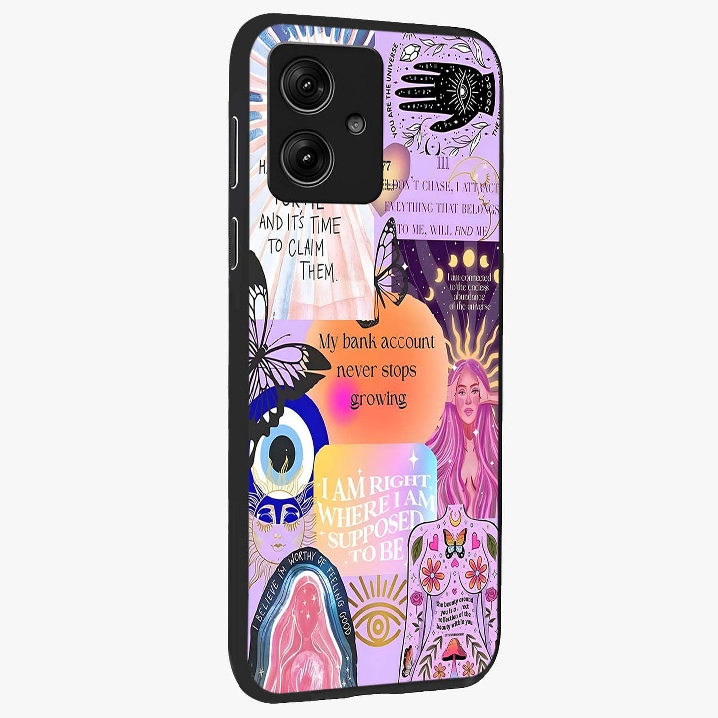 Manifestation Collage Glass Case upright view showcasing artistic manifestation themed artwork with creative style.