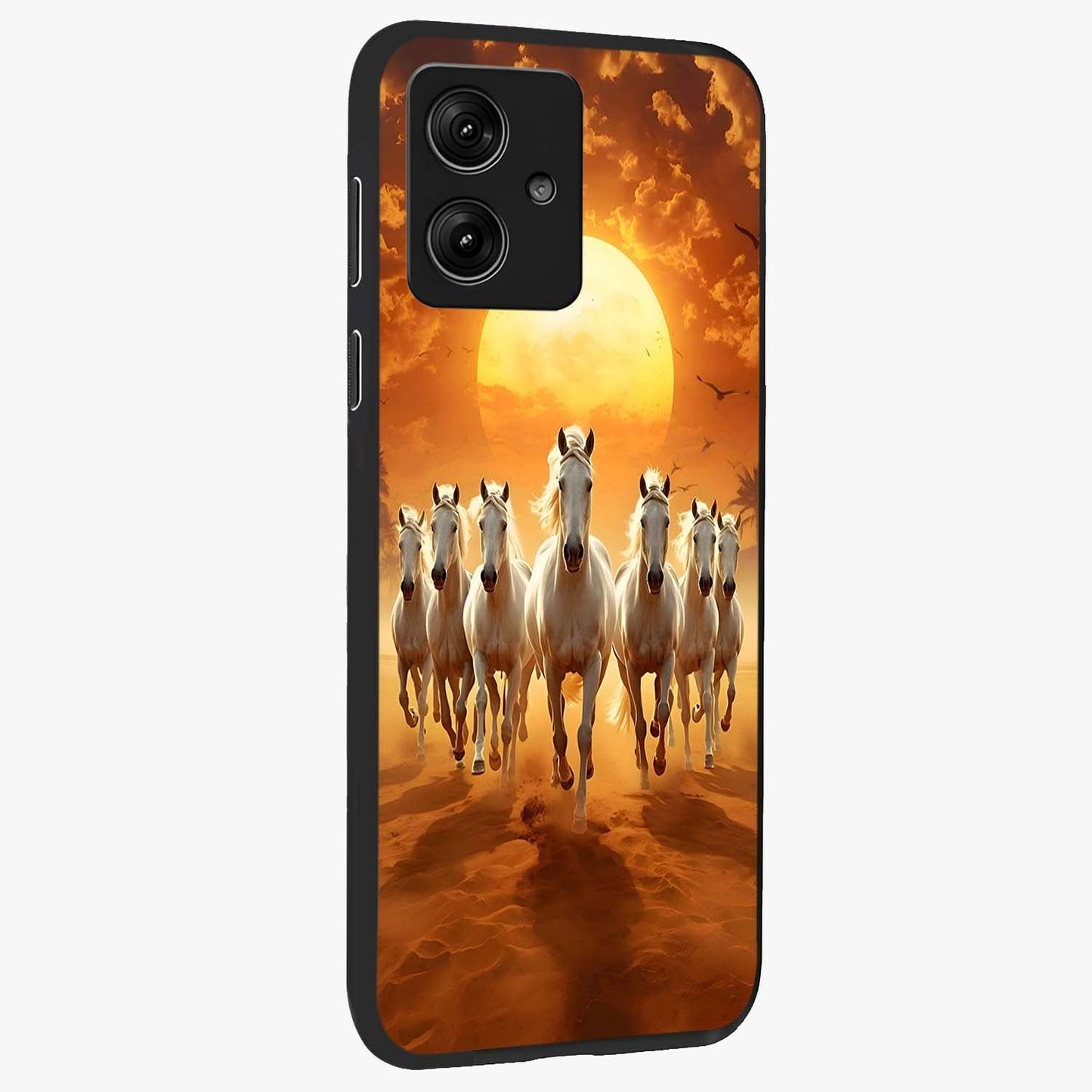 Wild Sunset Majesty Glass Case upright view showcasing dramatic sunset artwork with bold nature theme.