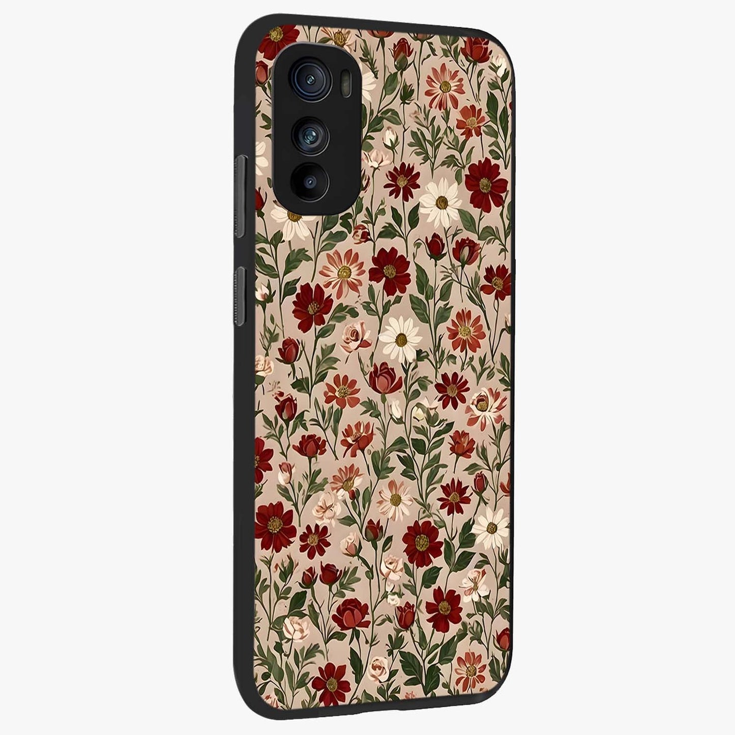 Biege Flower With Leaf Glass Case upright view showcasing delicate beige flower illustration with clean botanical style.