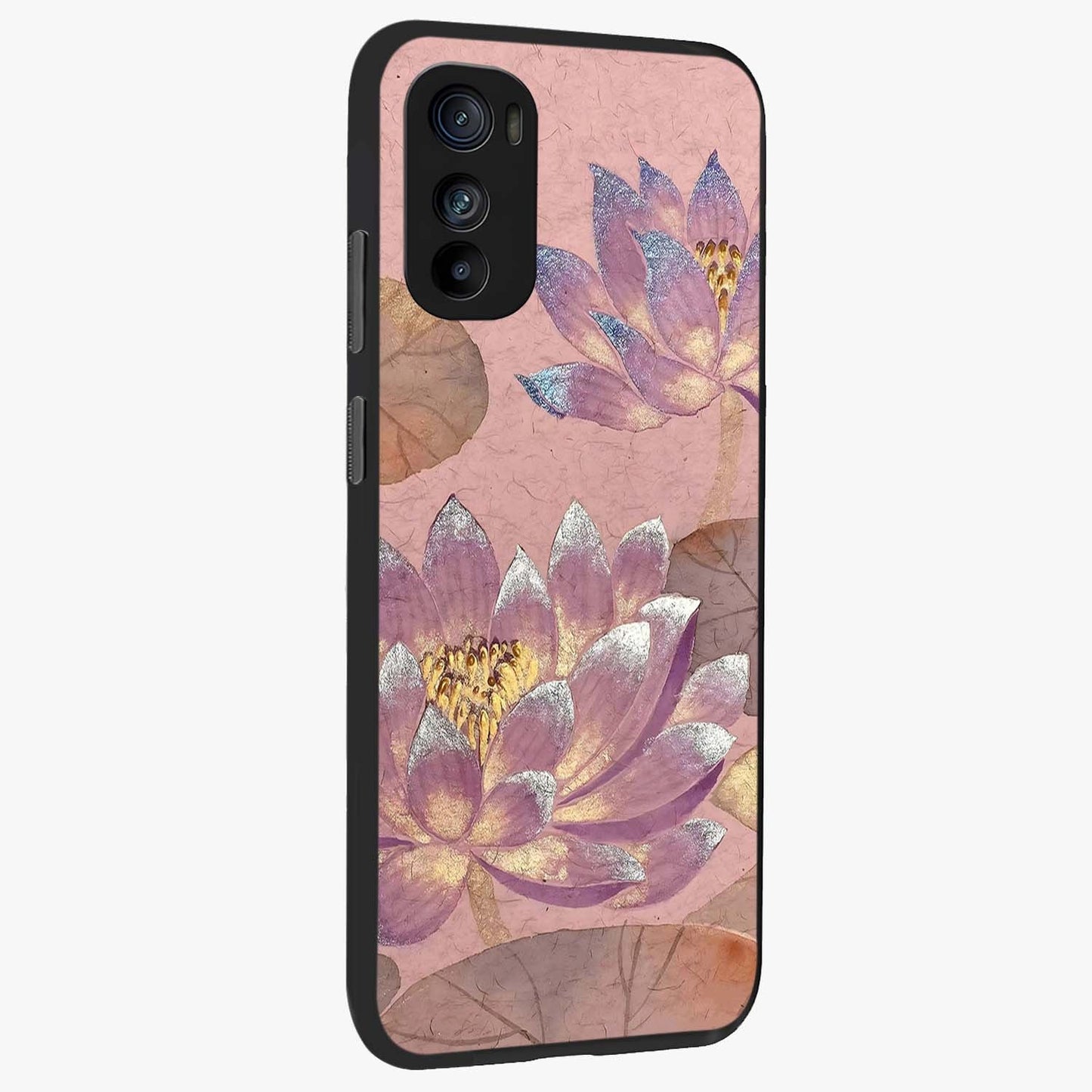 Blossom Mist Lotus Glass Case upright view showcasing graceful lotus flower design with peaceful botanical style.