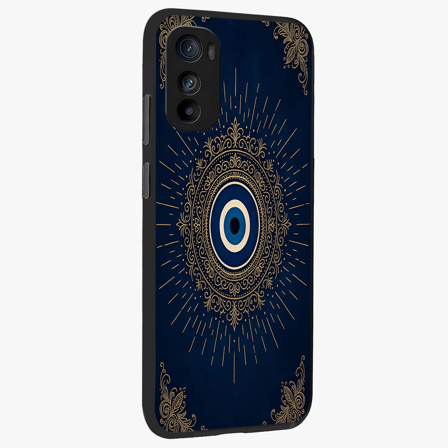 Golden Celestial Charm Glass Case upright view showcasing radiant celestial artwork with elegant golden theme.