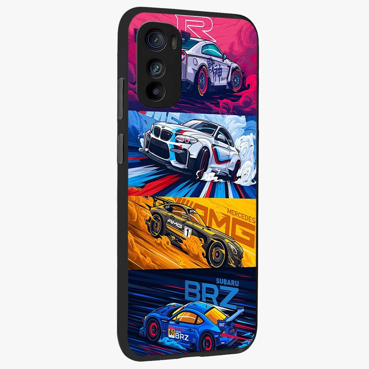 JDM Sports Car Glass Case upright view showcasing dynamic sports car artwork with bold racing theme.