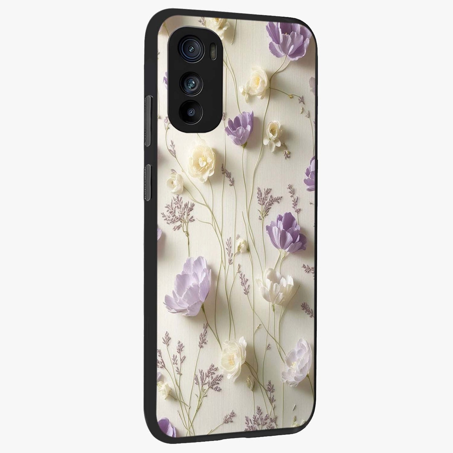 Lilac Breeze Harmony Glass Case upright view showcasing delicate lilac artwork with peaceful floral theme.