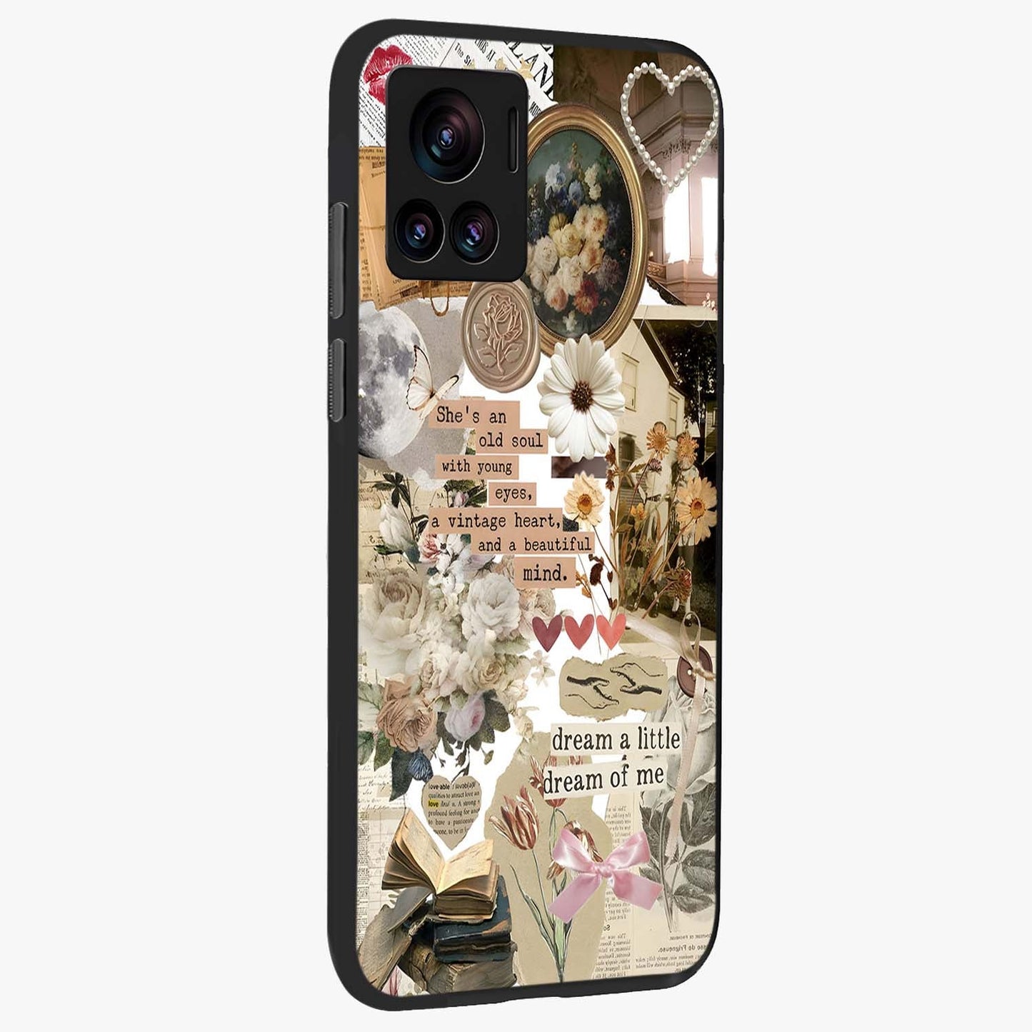 Aesthetic Brown Vintage Collage Glass Case upright view showcasing nostalgic retro artwork with stylish vintage theme.