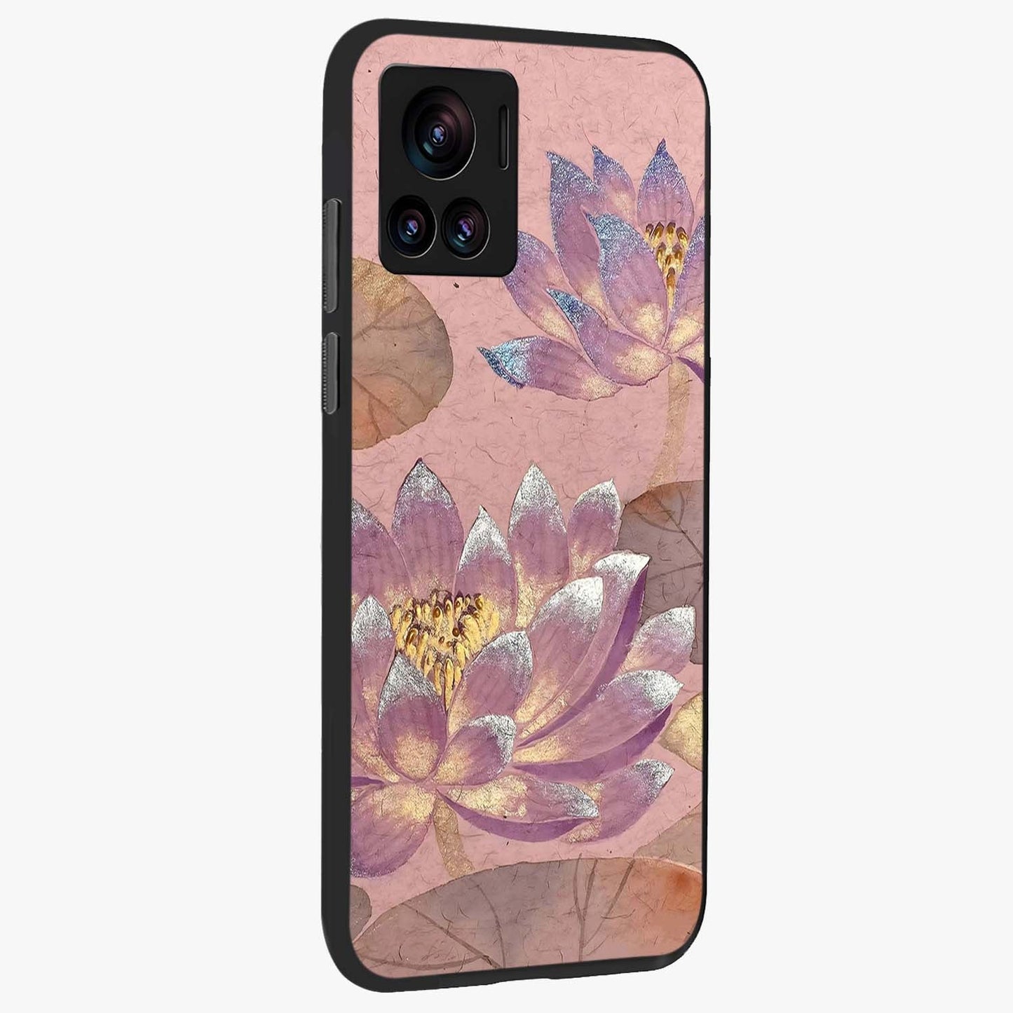 Blossom Mist Lotus Glass Case upright view showcasing graceful lotus flower design with peaceful botanical style.