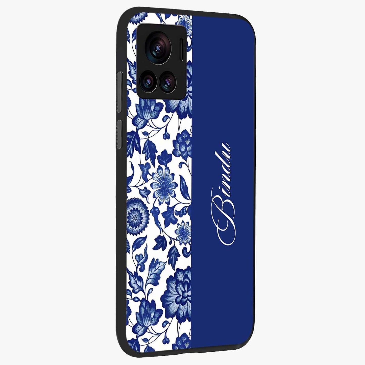 Blue Vintage Floral Pattern Glass Case upright view showcasing delicate blush floral texture with modern minimal style.