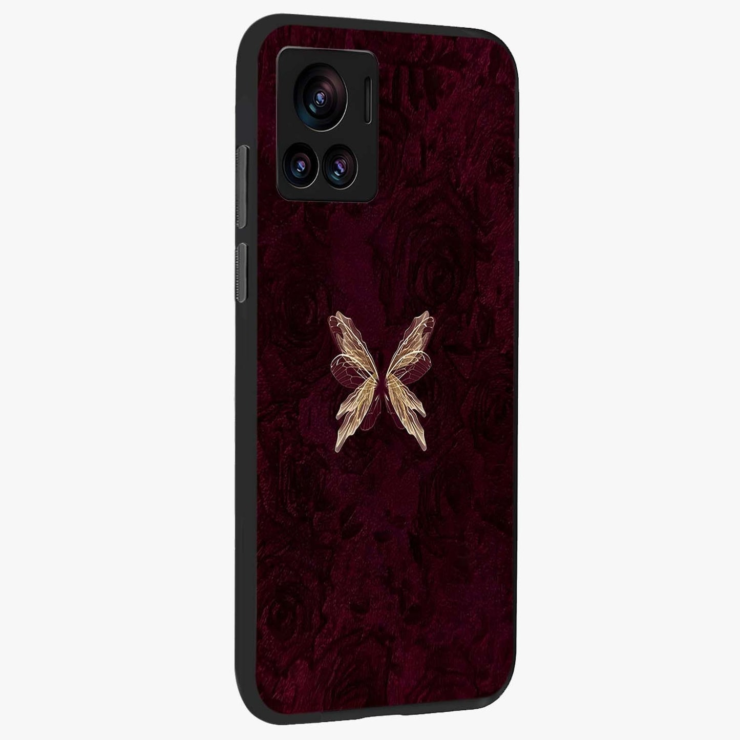 Crimson Fade Butterfly Glass Case upright view showcasing graceful butterfly artwork with soft crimson fade effect.