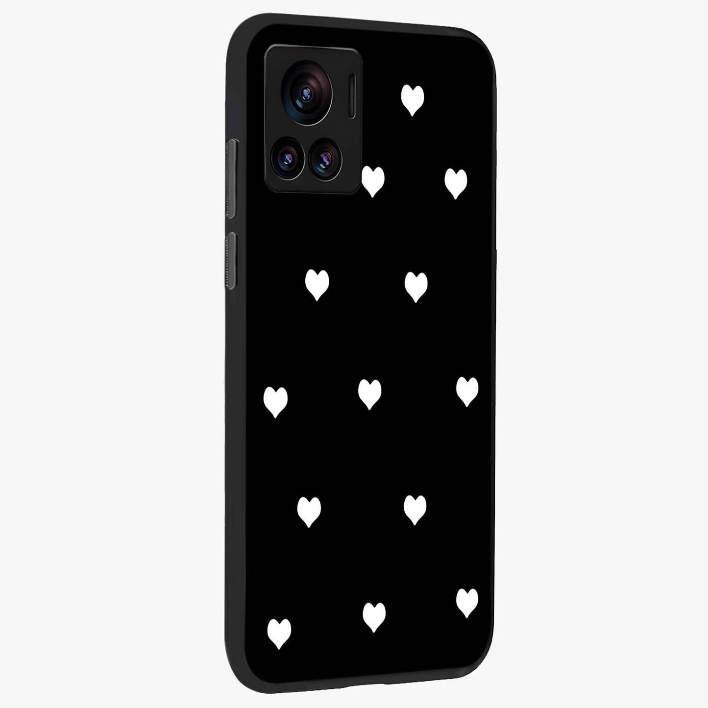 Cute And Simple White Hearts Glass Case upright view showcasing simple white hearts artwork with soft minimal theme.