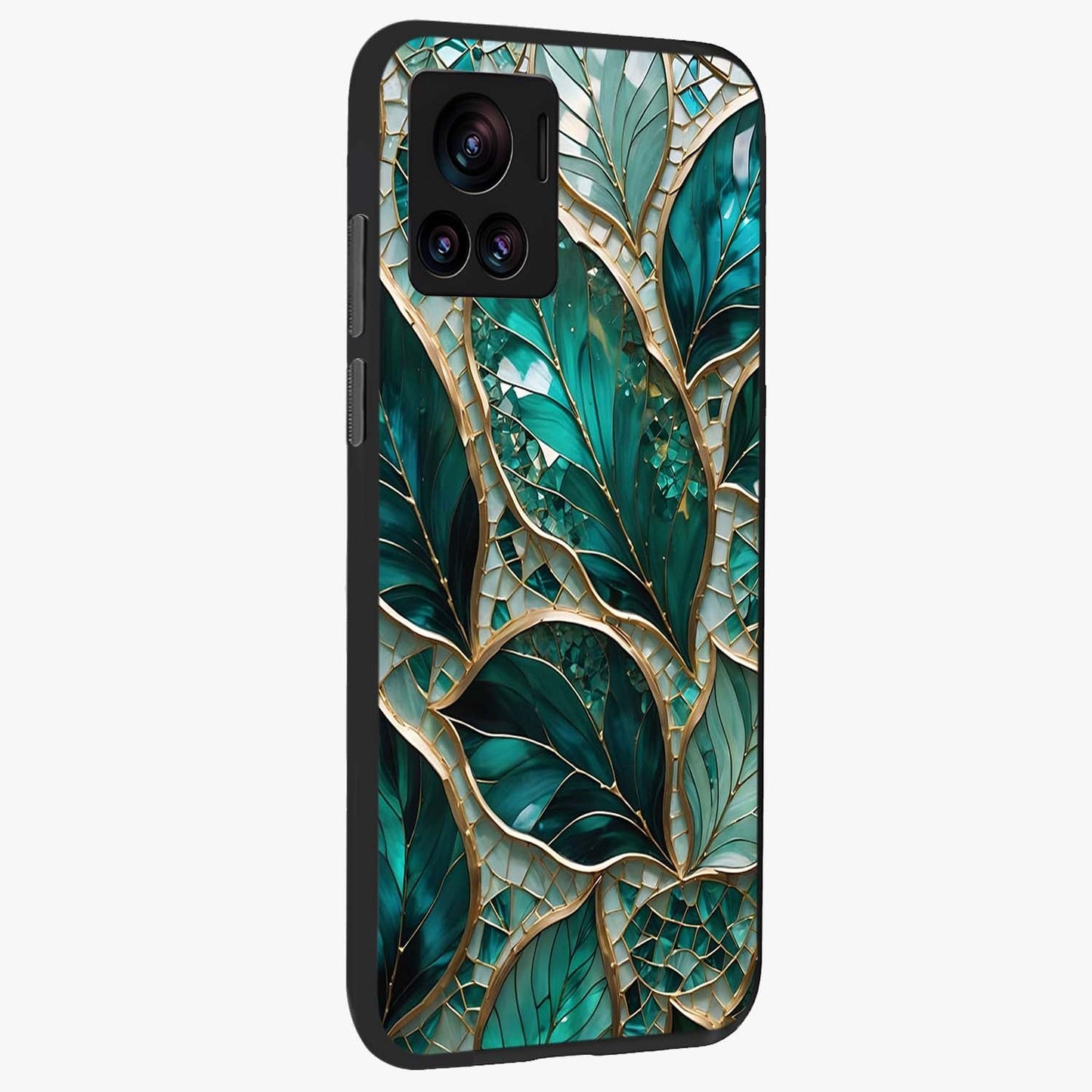 Emerald Leaf Glass Glass Case upright view showcasing fresh green leaf artwork with calming nature inspired style.