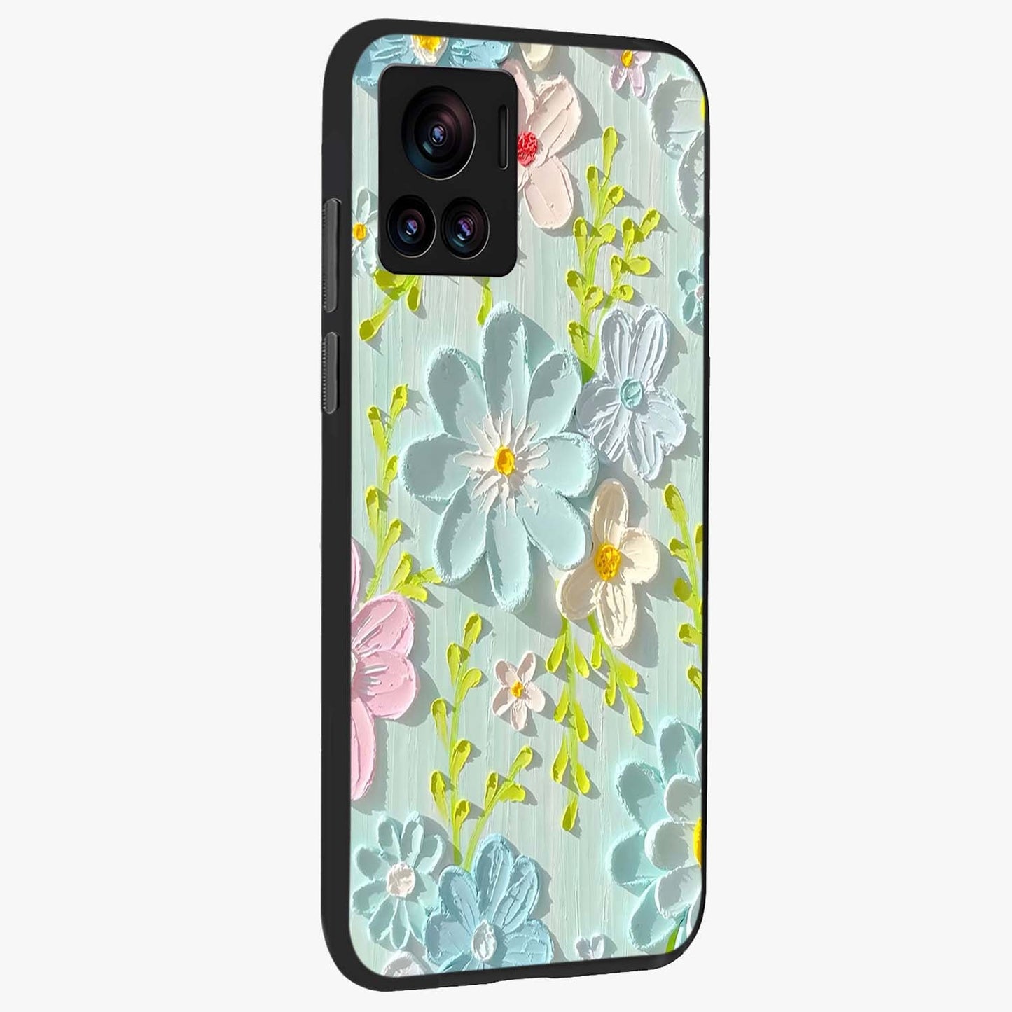 Frosted Petal Garden Glass Case upright view showcasing elegant floral garden artwork with soothing pastel theme.
