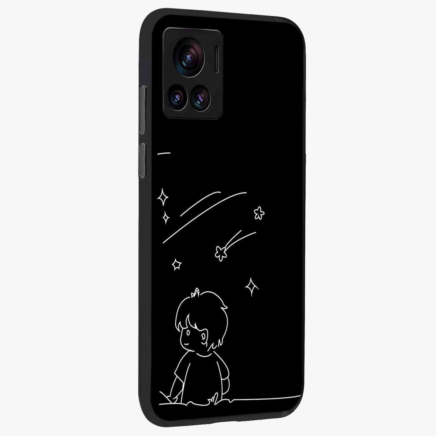 Line Art Boy With Shooting Stars Glass Case upright view showcasing artistic shooting star illustration with minimal style.