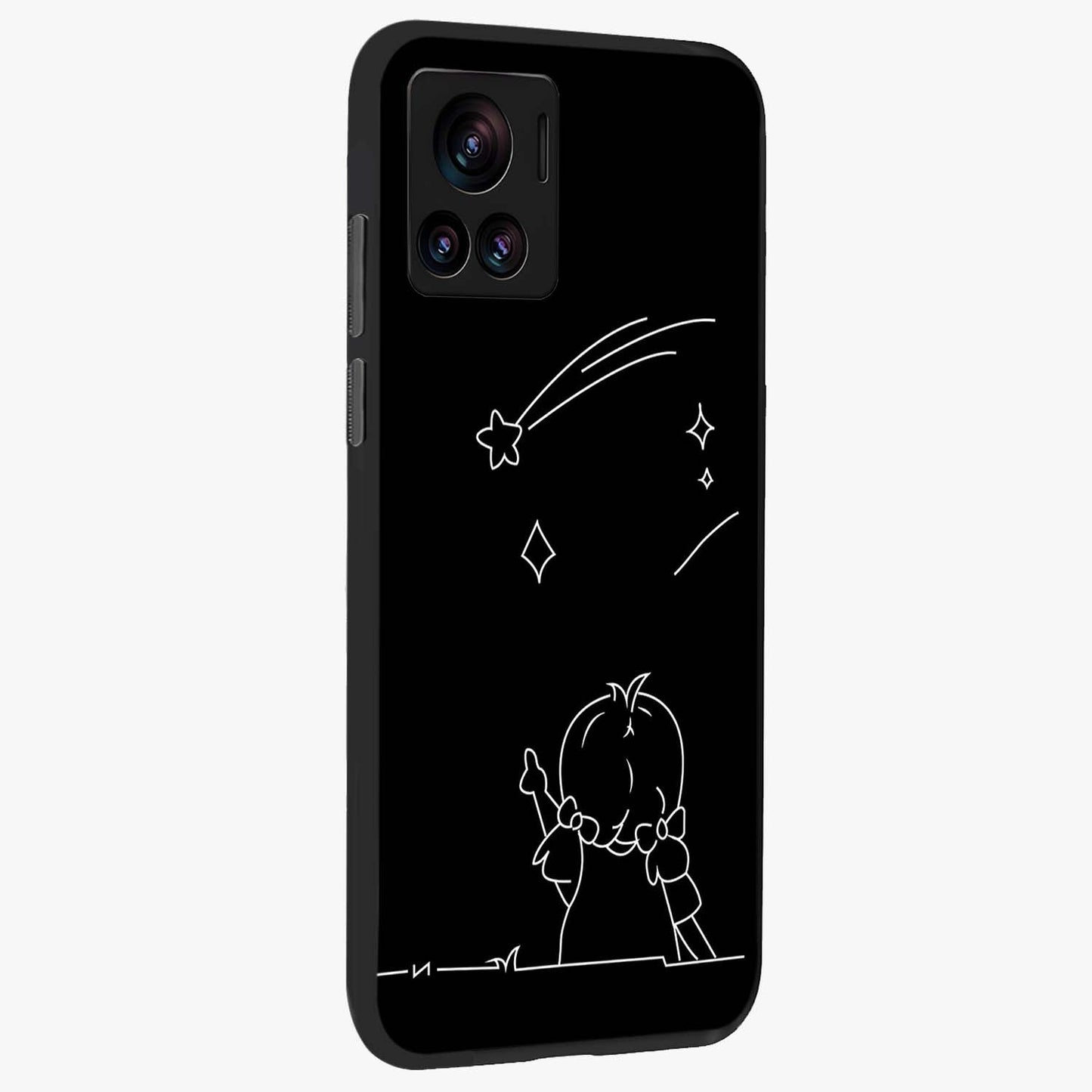 Line Art Girl With Shooting Stars Glass Case upright view showcasing delicate shooting stars artwork with minimal artistic theme.