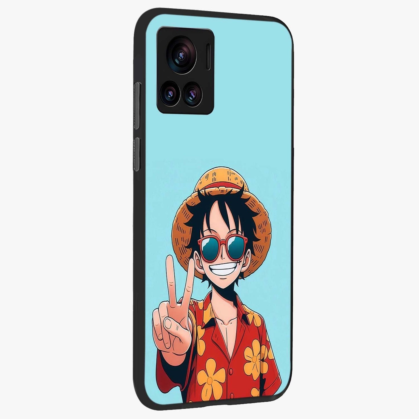 Luffy Summer Anime Vibe Glass Case upright view showcasing dynamic anime artwork with bright adventurous theme.