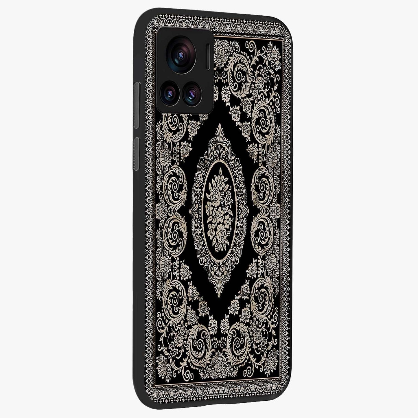 Noir Bloom Elegance Glass Case upright view showcasing graceful floral artwork with luxurious dark theme.
