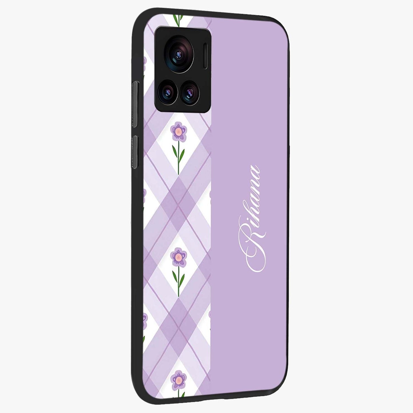 Purple Diamond Floral Glass Case upright view showcasing vibrant floral artwork with stylish geometric theme.
