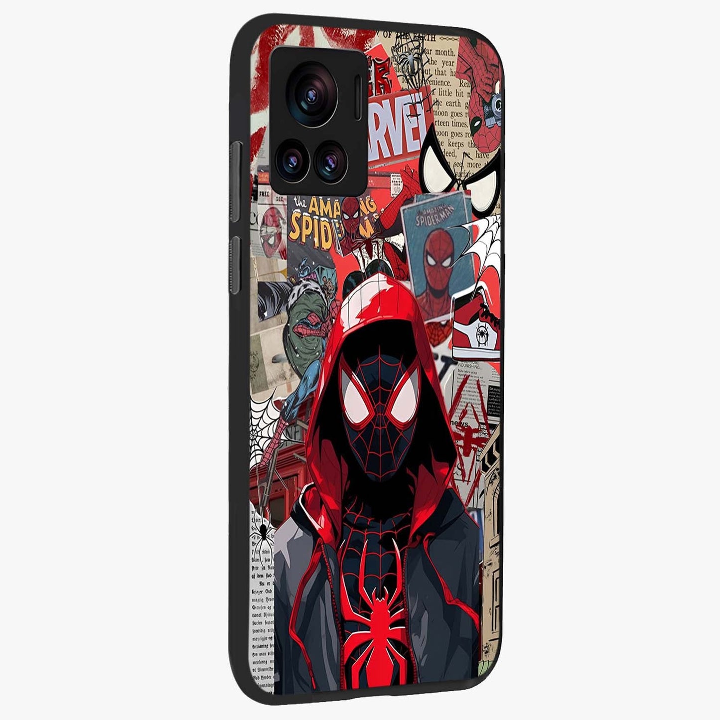 Spider Collage Street Glass Case upright view showcasing bold superhero artwork with urban street theme.